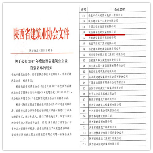 陜煤建設機電安裝公司再次闖入陜西省建筑業(yè)百強企業(yè)