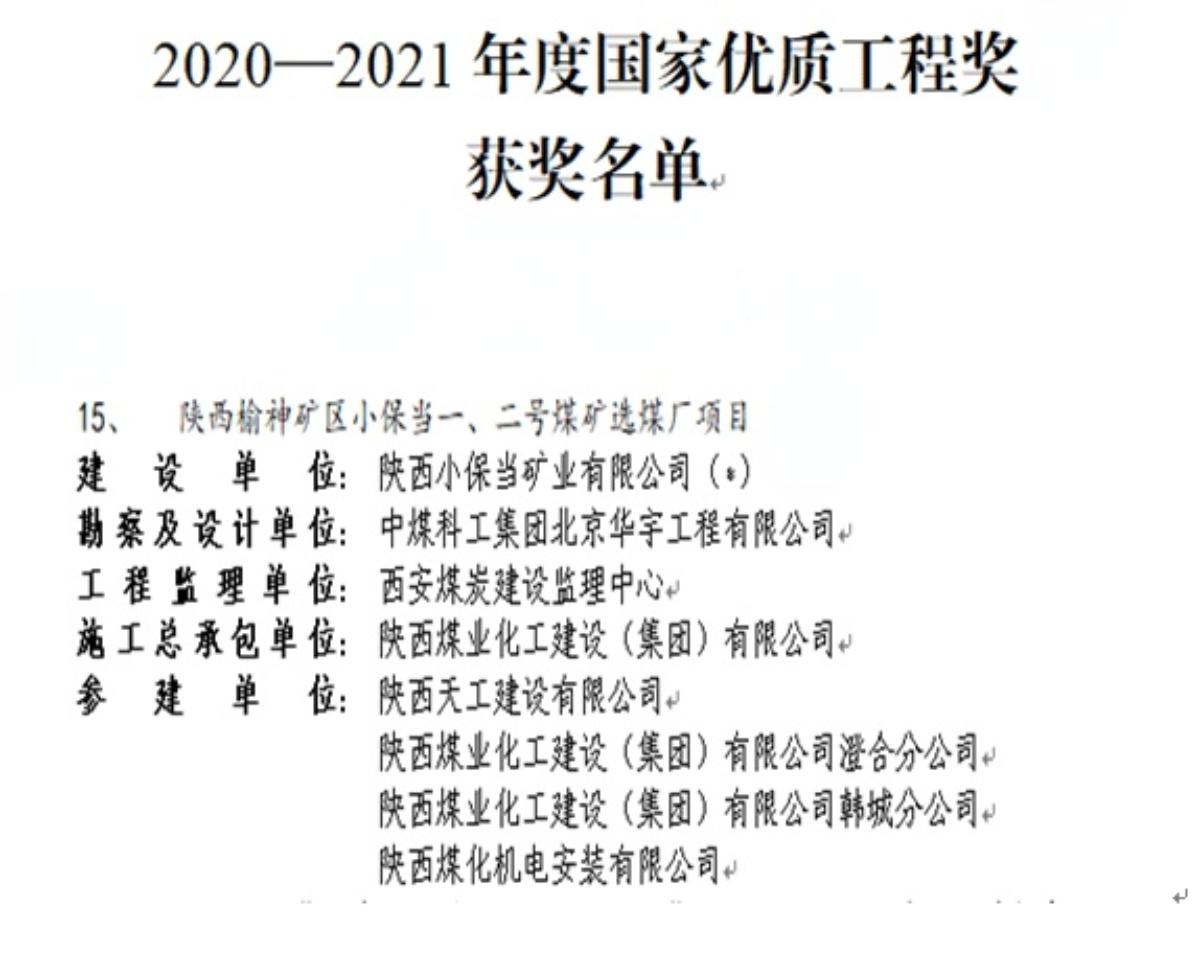 喜訊！陜煤建設一項工程斬獲國家優(yōu)質(zhì)工程獎